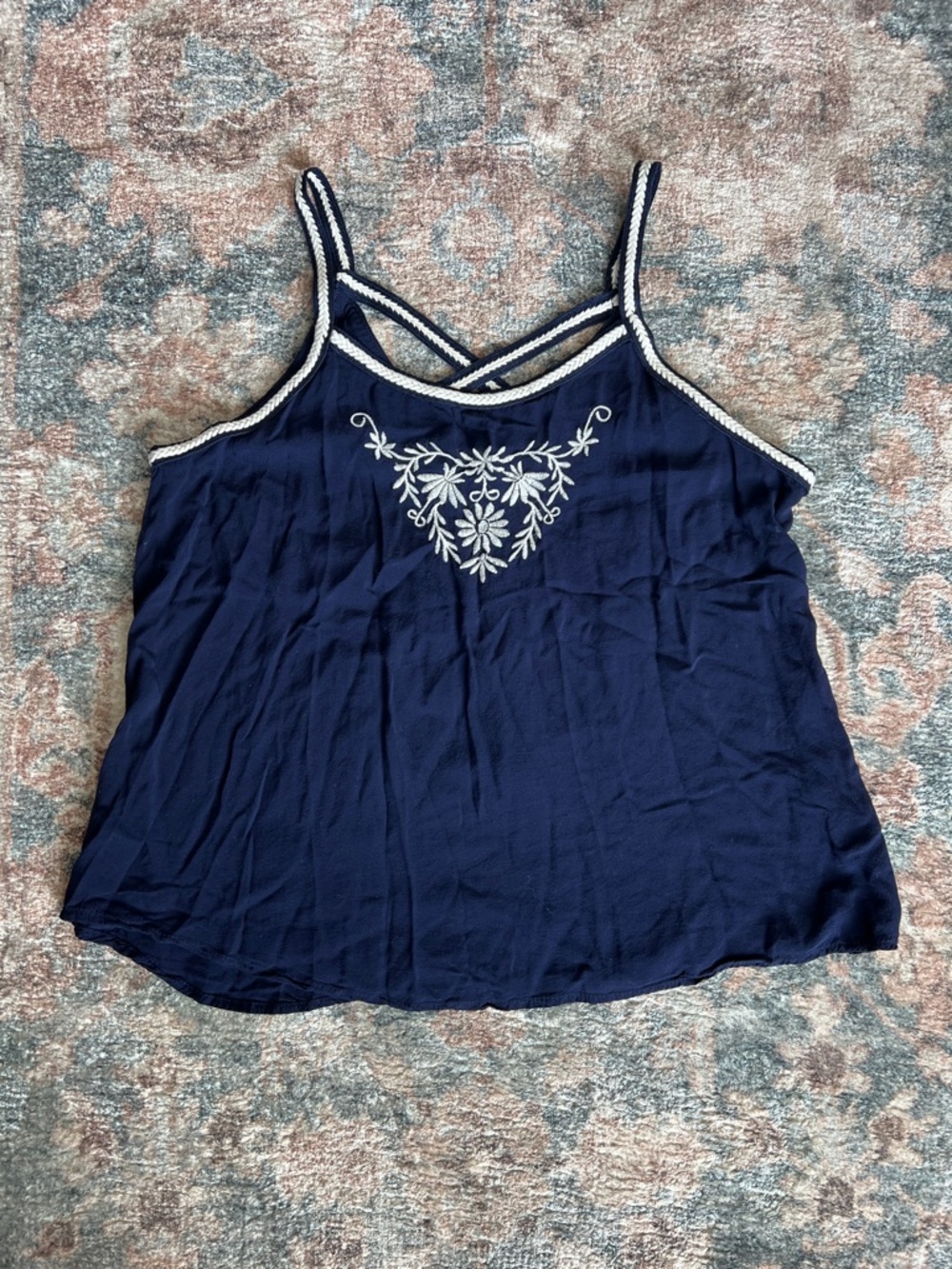 Sweet Wanderer Navy Blue Floral Embroidered Strappy Camisole